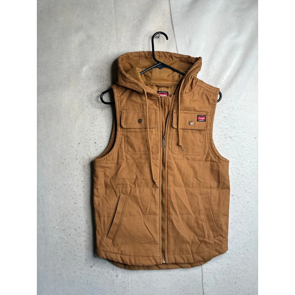 Wrangler Workwear Mens Small Brown Canvas Hooded Quilted Utility Vest 6299 WRG